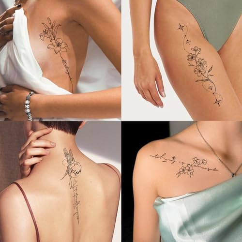 Temporary Tattoos for Women Girls - 45 Pcs Line Flower Words Sketch Realistic Long Last Fake Tattoos Waterproof Minimal Line Art Tattoos for Arm Backbone Leg Body