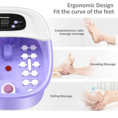 Foot Spa Massager with Heat, Bubbles & Vibration, 22 Rollers, Red Light, Adjustable Temp - Includes Lavender Epsom Salt - Purple