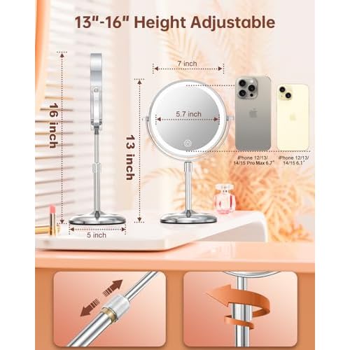 Benbilry Lighted Makeup Mirror with Magnification 10X & 3 Color Lights, Adjustable Brightness & Height, 7 Inch 360¡Æ Swivel Rechargeable LED Magnifying Make Up Vanity Mirror with Lighting (Silver)