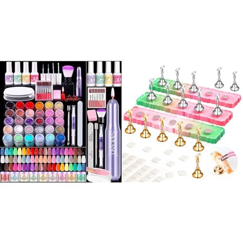 Saviland 30 Colors Dip Powder Nail Kit with Drill and Nail Stand Holder for Painting Nails with Putty - Professional Dip Nail Powder Kit Starter Set with Dip Powder Liquid Set