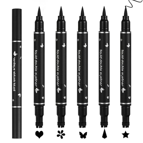 5Pcs Liquid Winged Eyeliner Stamp Pen Set, Dual-Ended Liquid Eyeliner for Perfect Wing Cat Eyes, Waterproof Smudge-Proof Stamp for All Eye Shapes (Star,Heart,Flower,Butterfly,Triangle)