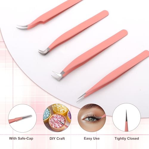 JoMay Eyelash Extension Tweezers 4Pcs Professional Kit High Precision Stainless Steel, Straight and Curved Volume Lash Tweezers Boot Volume 90 Degree, Girls Women Beginners (Pink)