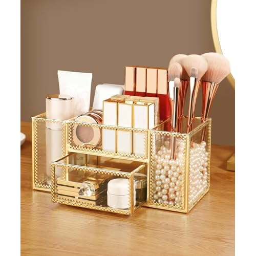 FSyueyun Vanity Clear Glass Makeup Organizer, Gold Makeup Brush Holder Cosmetic Storage Display Case for Skincare Perfume Dresser Countertop