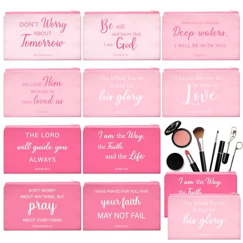 Hsei 20 Pcs Pink Christian Galentines Gift for Women Bulk Religious Cosmetic Bags with Zipper Inspirational Bible Verse Pencil Pouch Makeup Bags for Travel Women Mother Sister Galentine's Day Church