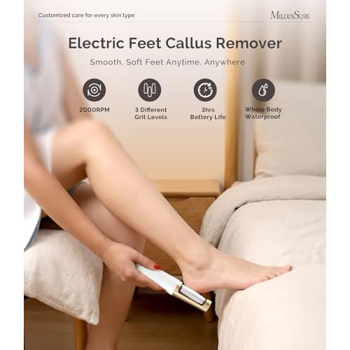 MelodySusie Electric Callus Remover for Feet, PC800G IPX7 Waterproof Rechargeable Pedicure Tool with LED Light & 3 Grits Roller Heads & Adjustable Speeds, for Dead Skin & Cracked Heel, White Gold