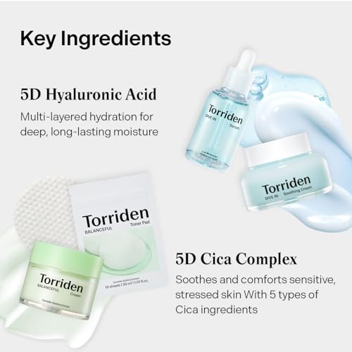 Torriden Softly Hydration Heroes DIVE IN Serum 1.69 fl.oz.+DIVE IN Soothing Cream 3.38 fl.oz+BALANCEFUL Cream 2.70 fl.oz.+BALANCEFUL Toner Pad 10 sheets | Korean Skincare Set for Hydration & Calming