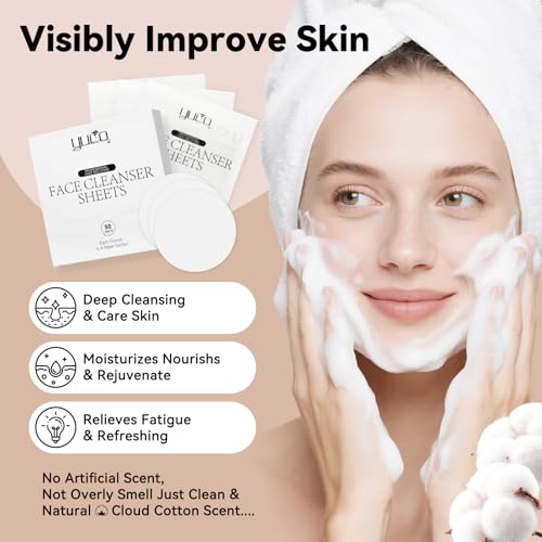 YUCO Travel Face Wash Cleanser Sheets 50 Sheets,Individual Sachet,for Facial Washing,Cloud Cotton Scent,Face Soap For Gym,Camping,Vacation,Hotels,Hospital,Business Trip,Flight Travel Essentials
