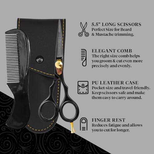 Charlemagne Hand-Forged Japanese Steel Beard & Mustache Scissors - Stainless Steel, 5.5 in - Precision Beard Trimming - Nose Hair Scissors - Fits Mustache Kit & Grooming Kit