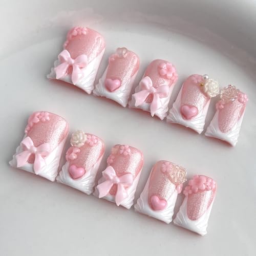 French Tip Press on Nails Handmade Short Duck 3D Floral Thick Acrylic Nails Cute False Nails with Bow Rose Flower Designs White Glossy Fake Nail Sturdy Art Press on Nail 10Pcs(M)