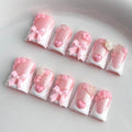 French Tip Press on Nails Handmade Short Duck 3D Floral Thick Acrylic Nails Cute False Nails with Bow Rose Flower Designs White Glossy Fake Nail Sturdy Art Press on Nail 10Pcs(M)