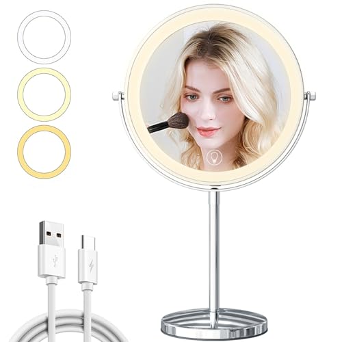 9in Vanity Mirror with Lights, Rechargeable&Dimming Lighted Makeup Mirror, 3X/20X Double Sided Magnifying Mirror,5000mAh,360 Rotate,3 Color Lights,Brightness with 80 LED,No Height Adjustment,Nickel