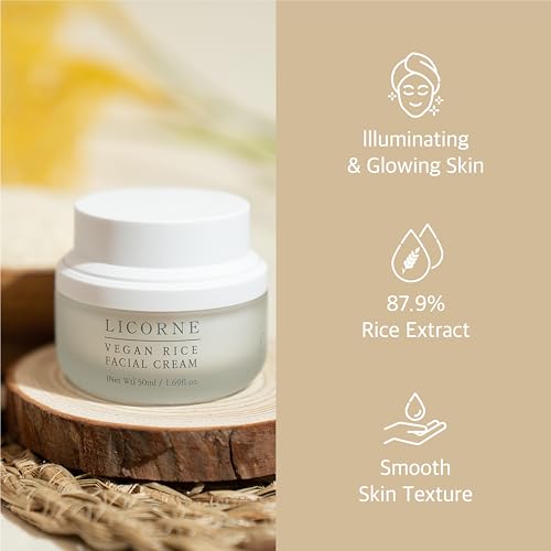 LICORNE Vegan Rice Facial Cream, Lightweight Daily Moisturizer for Glass Skin, Rice Bran Water & AHA PHA for Smoothing Texture, Non-Sticky Face Lotion for Oily & Sensitive Skin, 1.69 fl oz