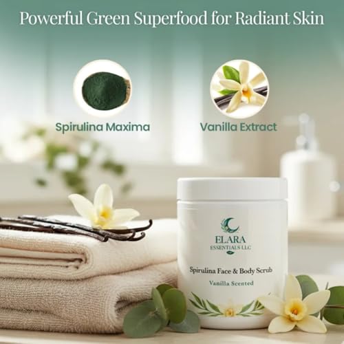 Spirulina Face & Body Scrub ? Vanilla Scented Exfoliating Scrub with Natural Spirulina Maxima ? Brightens, Smooths & Revives Dull, Aging, or Dry Skin ? 8oz