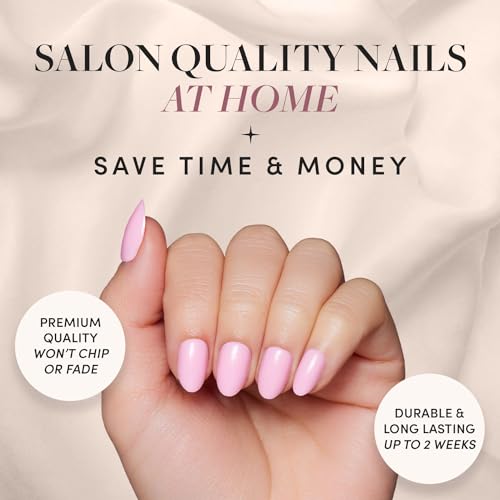 Glamnetic Press-On Nails - Think Pink | Super Strong Brush On Glue & Press-On Nail Remover | Solid Opaque Light Pastel Pink Short Oval Nails, Reusable | 15 Sizes - 30 Nail Kit