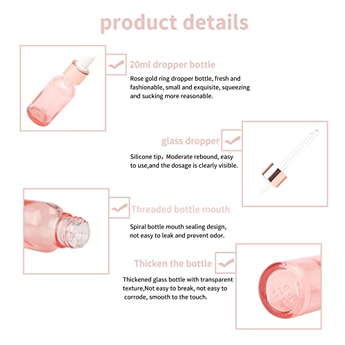 JIUWU 20Pcs 20ml Glass Dropper Bottles, Pink Sample Dropper Tincture Bottles Vials with Glass Eye Pipette for Essential Oil Perfume Scent Liquid