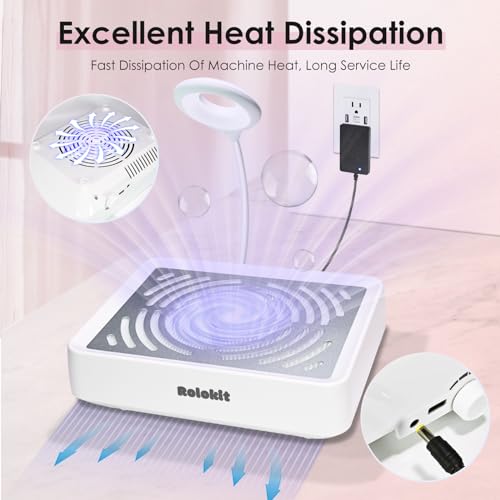 Nail Dust Collector with Lamp&50pcs Disposable Filter&Dusting Brush, Electric Nail Vacuum Cleaner Dust Fan Suction Machine for Manicure Acrylic Gel Nails Polishing, Low Noise,Salon Home