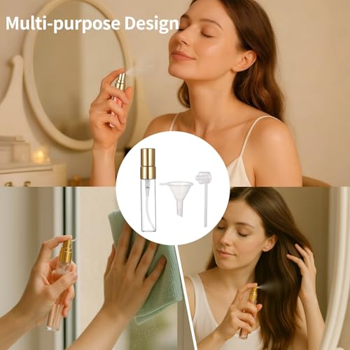 Lnrueg 50 Pcs 5 ml Perfume Bottles - Small Refillable Glass Perfume Bottles, Portable Travel Sample Containers with Caps, Fine Mist Atomizers with 2 Funnels and 2 Dispensers, Gold