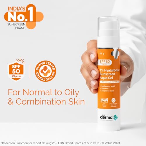 The Derma Co 1% Hyaluronic Sunscreen Aqua Gel with SPF 50 & PA++++ | Broad Spectrum UVA/B & Blue Light Protection | Lightweight & Quick Absorbing with Vitamin E | 1.76 Oz/50g