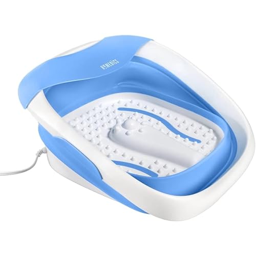 HoMedics Compact Pro Spa Collapsible Footbath with Heat Maintenance, Vibration Massage, ACU-Node Surface, Improves Circulation, Soothe Tired Muscles, Tub for Easy Storage, Blue and White