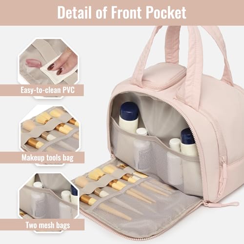 Travel Toiletry Bag, Large Quilted Cosmetic Organizer with Water-Resistant PVC & Mesh Pockets, Makeup Bag for Weekend Trip and Business Travel Essentials (Pink)