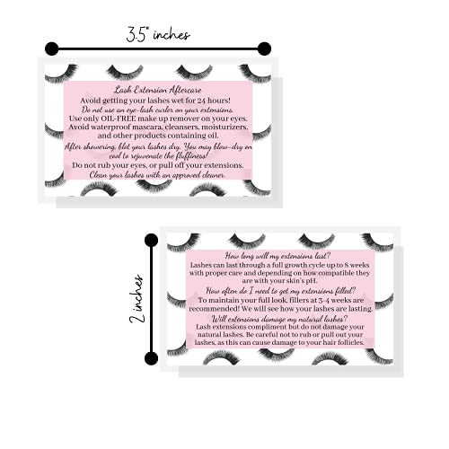 Lash Extension Aftercare Instructions Cards | Package of 50 | Eye Lashes with Pink Inlay Design Double Sided Size 3.5 x 2" inches After Care (3-4 Week Fillers)