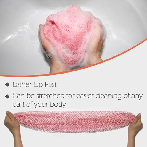 African Net Sponge Authentic African Exfoliating Net Sponge with Knots Real Sapo Sponge with Handles Afro Scrub Net Bath Cloth for Shower (Pink)