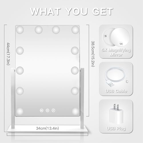 HIEEY Hollywood Vanity Mirror with 12 Dimmable Bulbs Lights, Three Color Lighting Modes, and 5X Magnification, Smart Touch Control, 360¡ÆRotation (White,Gift Box)