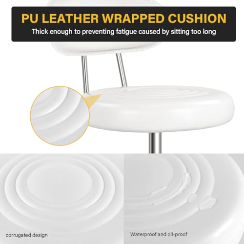Rolling Stool with Wheels Swivel Stool with Back Height Adjustable Chair PU Leather Rolling Chair Ideal for SPA Salon Home Office Drafting Work (White)