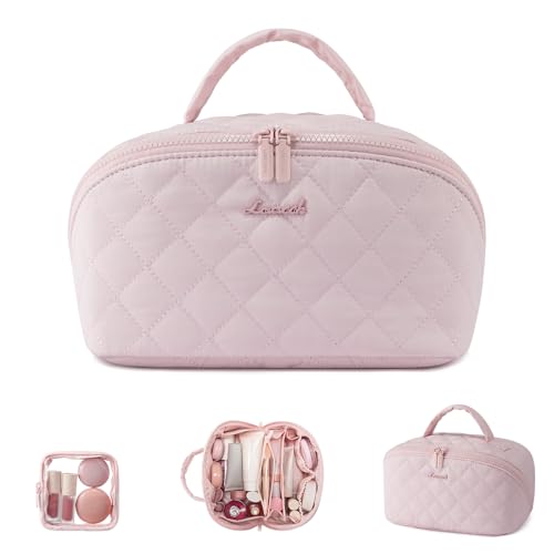 LOVEVOOK Travel Makeup Bag for Women, 2Pcs Puffer Waterproof Cosmetic Organizer, Large Capacity Pouch Open Flat Small Toiletry Bag with Brush Compartment & Handle (Pink, Large)