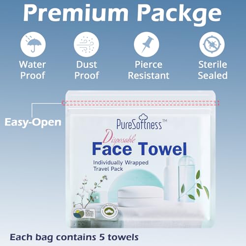 Travel Pack Disposable Face Towel, Individually Packed Each Re-sealable Bag Contains 5 Dry Towels, Makeup Remove and Face Wash, Business Trip, Camping, Fitness, Yoga (5 Pack, 25 Towels)