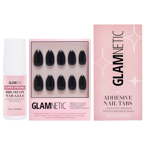 Glamnetic Press-On Nails - Boba | Super Strong Brush On Nail Glue & Nail Adhesive Tabs | Opaque Black Short Almond Nails, Reusable | 12 Sizes - 24 Nail Kit