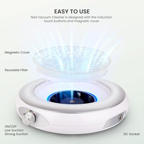 Lavinda Nail Dust Collector Quiet Plug-in Nail Tech Powerful Dust Vacuum Suction Fan with Reusable Filter, Electric Acrylic Nail Dust Cleaner for Nail Polishing, Low Noise, Salon Home