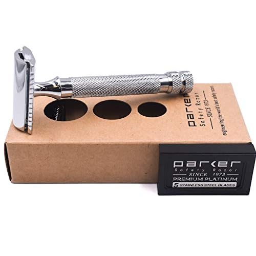 Parker 91R Heavyweight Long Handle Safety Razor ? Classic 3-Piece Double Edge Razor for Smooth, Close Shaves ? Brass Frame with Textured Chrome Finish ? Compatible with All DE Razor Blades