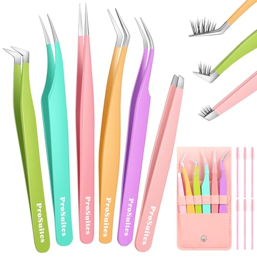6pcs Eyelash Tweezers Lash Extension Tweezers for False Lashes,Christmas Gifts Eyelash Tweezers for Lash Clusters Metal Lashtweezers Stocking Stuffers with Lash Applicator Tool