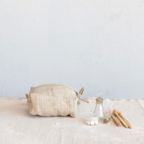 Creative Co-Op Woven Hemp Fiber Zip Pouch with Handle and Cotton Lining, Natural