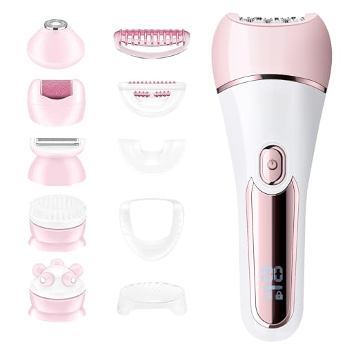 Epilator for Women, 6 in 1 Hair Removal Epilator, Shaver, Face Razor, Facial Brush, Face Massage and Body Exfoliator,IPX7 Waterproof Rechargeable Hair Removal for Women (Pink)