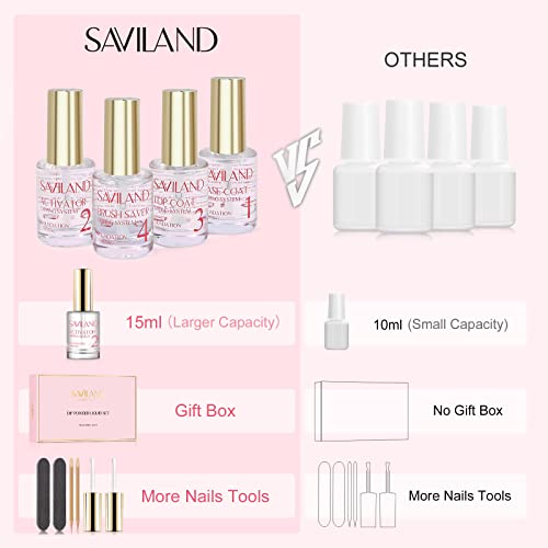 Saviland 60g Clear Dip Powder & 15ml Liquid Set with Base/Top Coat, Activator, Brush Saver, Nail File Necessary Tools for Dip Powder Nail Set No Nail Lamp Needed, Beautiful Gift for Ladies