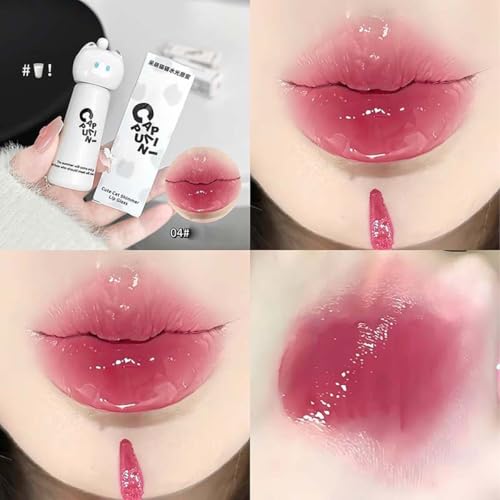 4Pcs Hydrating Lipgloss Set,Cute Cat Jelly Lip Glaze,Moisturizing Lip Stain Plumping Water Lip Gloss,Lasting Waterproof Juicy Lipstick Lip Tint,Glossy Finish
