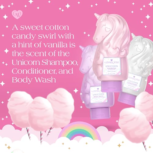 Glimmer Wish Premium Unicorn Shampoo + Conditioner + Body Wash, Vanilla Cotton Candy Scent, Dermatologist Tested, Sulfate & Sulfite Free, Paraben Free, PEG & EDTA Free, 100% Vegan, Cruelty & Gluten