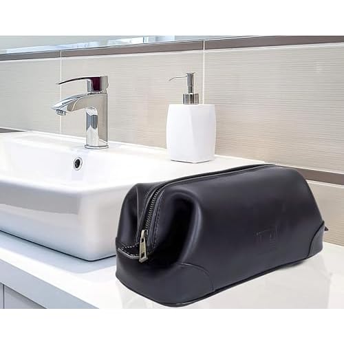 HLC Leather Toiletry Bag for Men Best Gift Premium Genuine Dopp Kit Shaving Kit Organizer Travel Kit Pouch Bag 10 inch Size (Black)