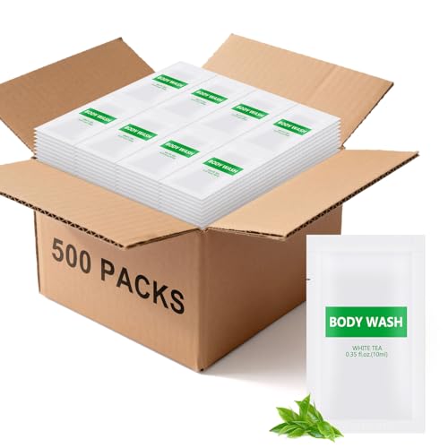 500 pack Travel Size Body Wash Bulk Individually Wrapped - Refreshing Mini Shower Gel Single Use Supplies for Homeless Care Hotel Guests, White Tea Scent,0.35 fl oz/10ml
