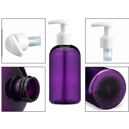 16 oz Empty Refillable Plastic Pump Bottles Dispenser for Thick Products 6 Pk, PET BPA Free, Refillable Shampoo Lotion Soap Labels USA (Purple, White Lotion Pumps, Floral Labels)