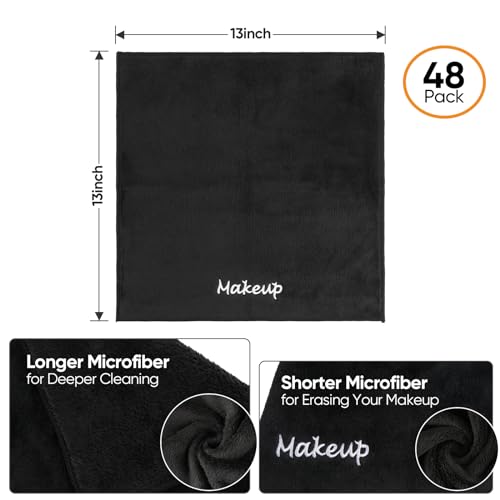 Makeup Remover Cloth, 48 Pack Black Facial Wash Cloths, Soft Coral Fleece Microfiber Towel for Face, Hand, and Bathroom(13" x 13")