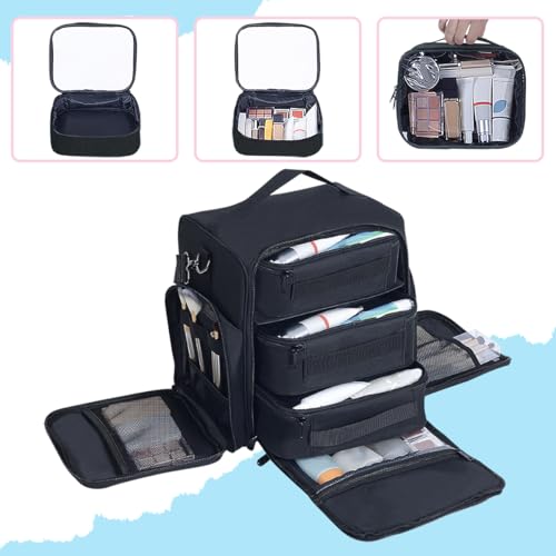 Train Case Makeup Bag Large Cosmetic Organizer with 3 Inner Removable Pouches Multifunctional Travel Makeup Artist Storage,Black