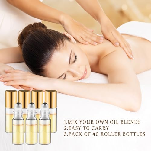40 Pcs Essential Oils Roller Bottles Small Refillable Glass Perfume Bottles Sample Vials with Roller Balls & Gold Lids for Travel Cosmetic - 5ml