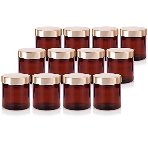 (12 Pack) 8 oz Amber PET Plastic Jar with Luxury Gold Metal Overshell Lid