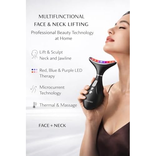 LED Face & Neck Device, 3-in-1 LED Light Therapy & Microcurrent Facial Device for Wrinkle Reduction, Skin Tightening & Lifting, Anti-Aging Non-Invasive Beauty Tool for Home Skincare (Black)