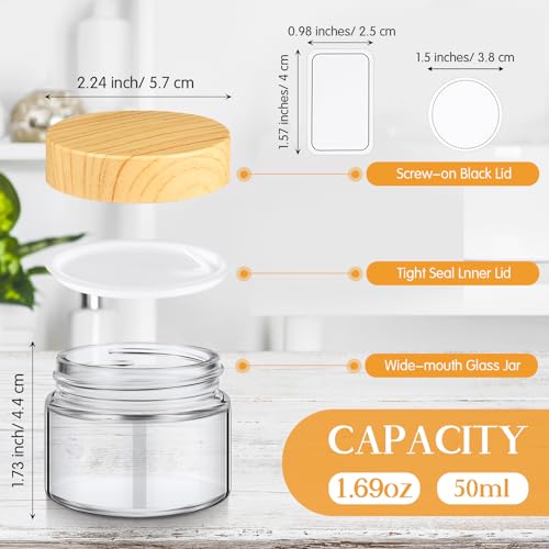 Layhit 24 Pcs 50 ml Cosmetic Glass Jars with Lids 1.69 oz Small Jars with Plastic Woodgrain Lids, White Labels and Inner Liners Empty Round Cosmetic Containers for Creams Lotions Powder Candle Making