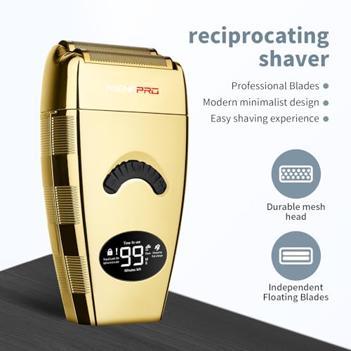 HIENA PRO Reciprocating Foil Shaver for Men, Professional Bald Precision Trimmer and Beard Trimmer, Electric Foil Shaver with USB Charging, Grooming Tools, Gifts for Men(Gold)