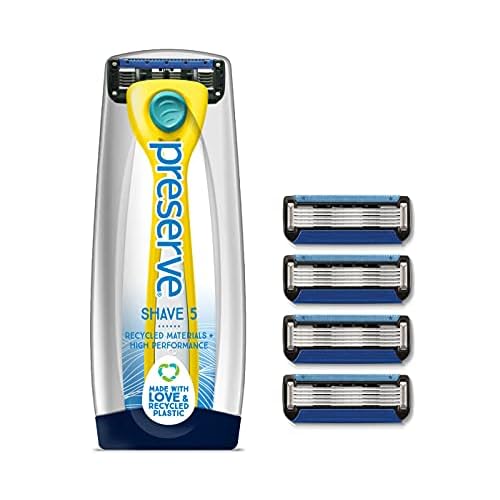 Preserve Shave 5 Five Blade Refillable Razor, Made from Recycled Materials, Sunshine Yellow and Preserve Five Blade Replacement Cartridges for Preserve Shave Five Recycled Razor (4 Count) Bundle